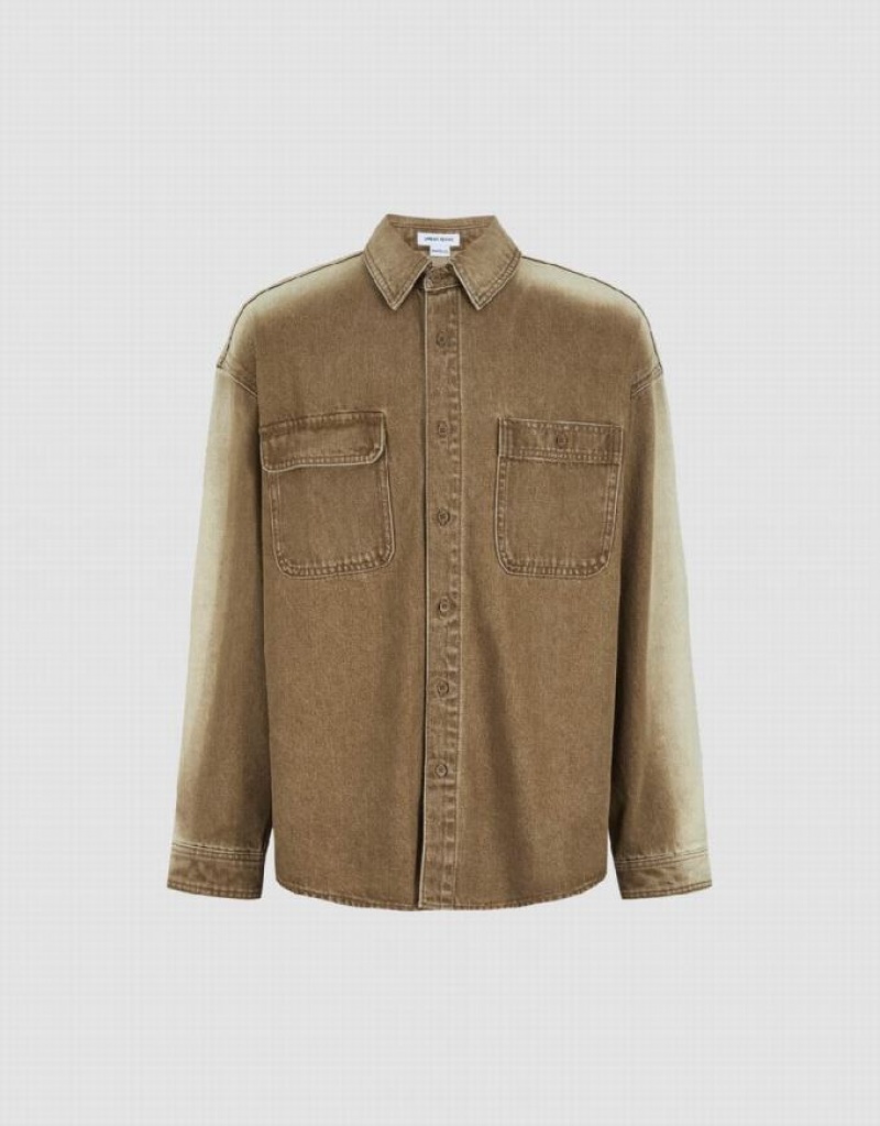 Khaki Urban Revivo Button Up Denim Men's Shirts | 48926BHLR