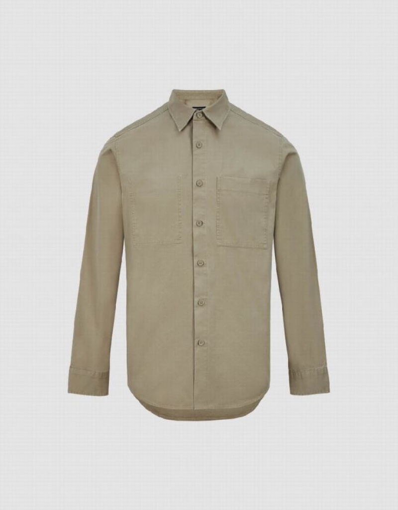 Khaki Urban Revivo Button Up Straight Men's Shirts | 06527RXQB