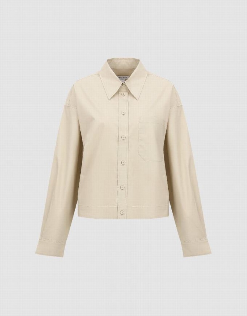 Khaki Urban Revivo Button Up Straight Women's Shirts | 06537ANVW