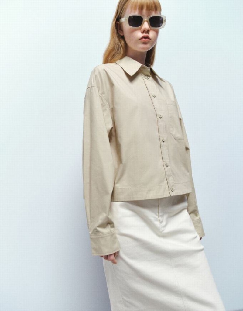 Khaki Urban Revivo Button Up Straight Women's Shirts | 06537ANVW