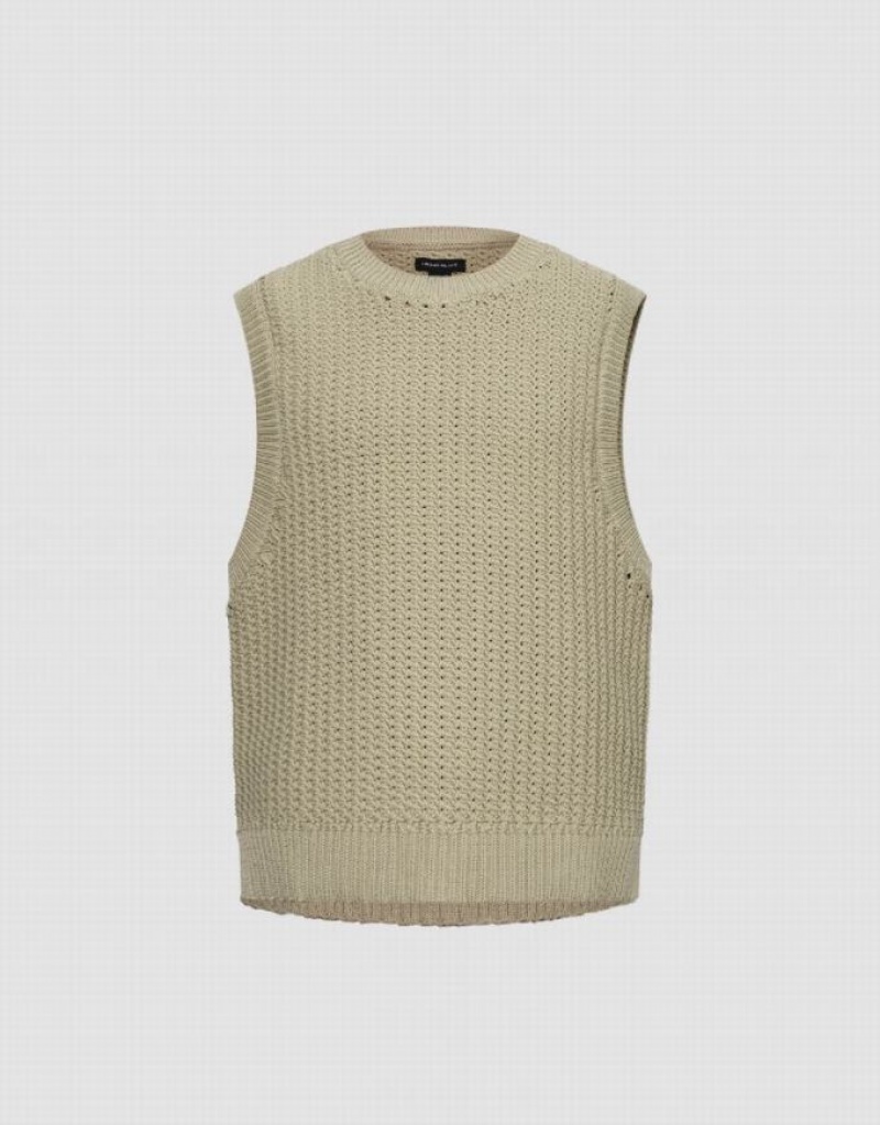 Khaki Urban Revivo Crew Neck Knitted Men's Cardigan | 25981FCKT