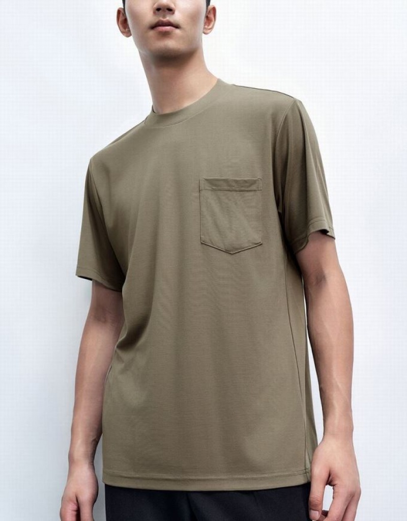 Khaki Urban Revivo Crew Neck Loose Men's T-Shirts | 25340NRQS