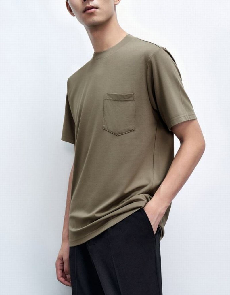 Khaki Urban Revivo Crew Neck Loose Men's T-Shirts | 25340NRQS