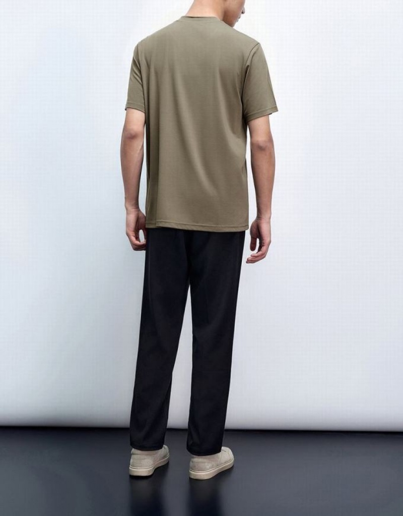 Khaki Urban Revivo Crew Neck Loose Men's T-Shirts | 25340NRQS