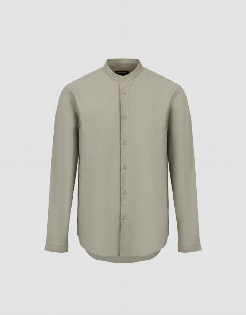 Khaki Urban Revivo Crew Neck Straight Men's Shirts | 41280RYHZ