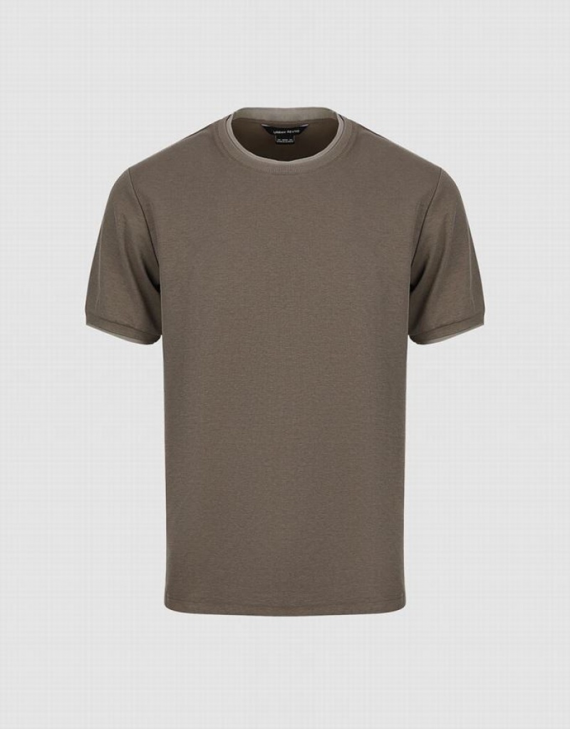 Khaki Urban Revivo Crew Neck Straight Men's T-Shirts | 52609SUKH