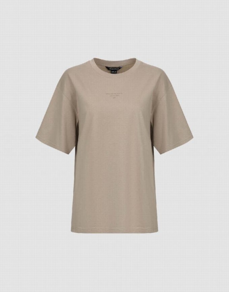 Khaki Urban Revivo Crew Neck Straight Women's T-Shirts | 05768RMLI