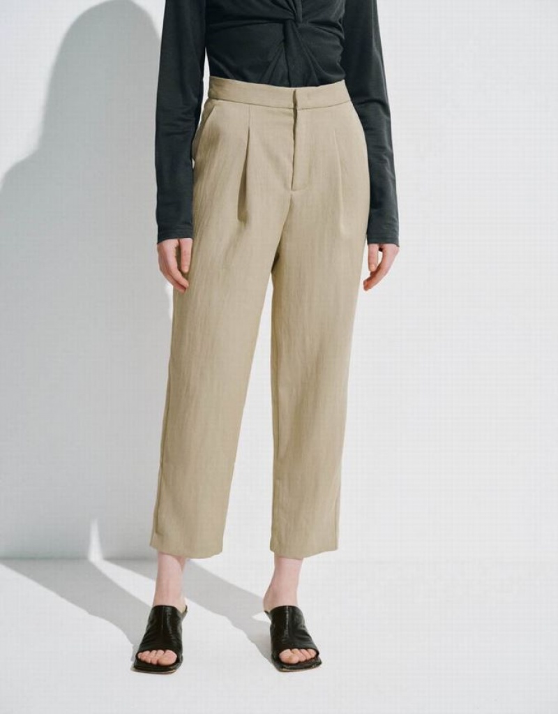 Khaki Urban Revivo Cropped Carrot Fit Women's Pants | 42910EMNK