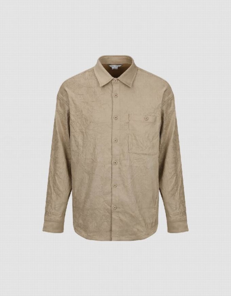 Khaki Urban Revivo Crumpled Effect Loose Men's Shirts | 76159UIAH