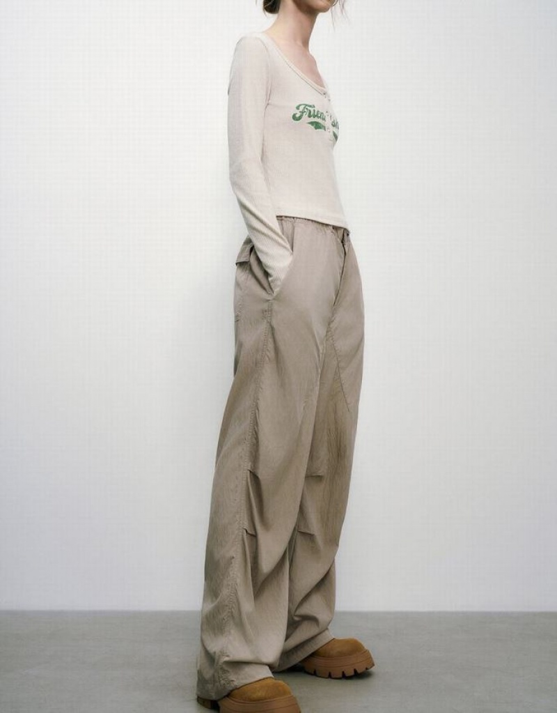 Khaki Urban Revivo Drawstring Waist Wide-Leg Women's Pants | 52398ZTMA