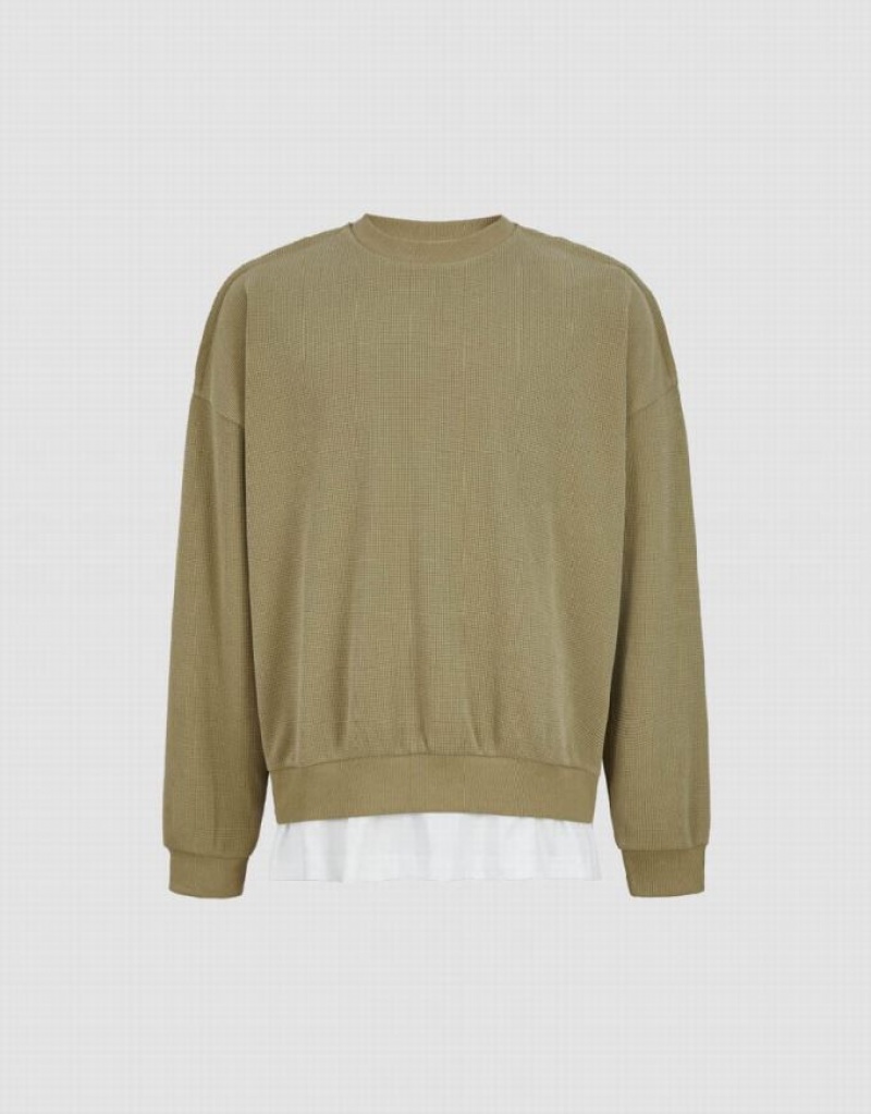 Khaki Urban Revivo Drop Shoulder Sleeve Crew Neck Men's Sweatshirts | 42581YDQV