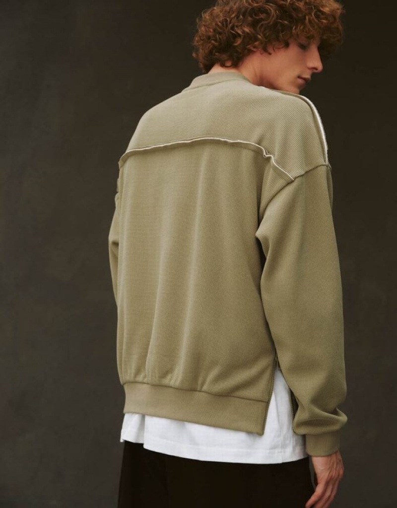 Khaki Urban Revivo Drop Shoulder Sleeve Crew Neck Men's Sweatshirts | 42581YDQV