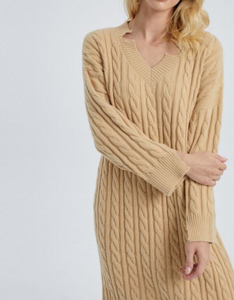 Khaki Urban Revivo Drop Shoulder Cable Women's Knitted Dress | 85036OQYH