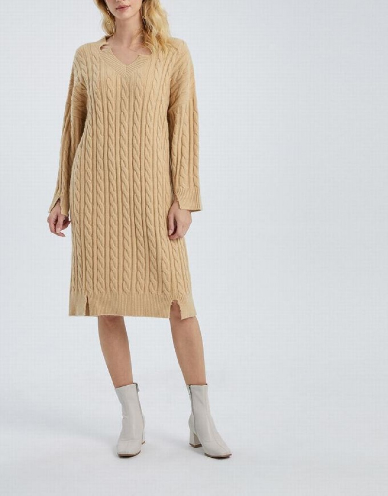 Khaki Urban Revivo Drop Shoulder Cable Women's Knitted Dress | 85036OQYH