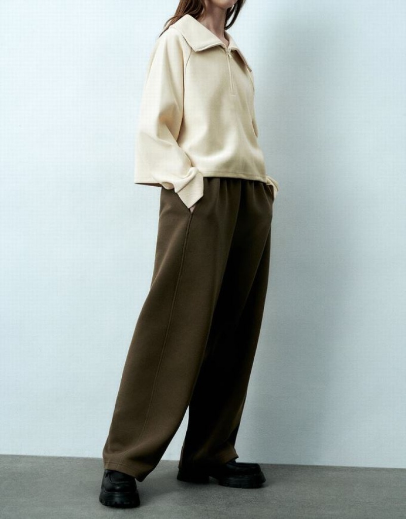 Khaki Urban Revivo Elastic Waist Knitted Wide-Leg Women's Pants | 25861SQJB