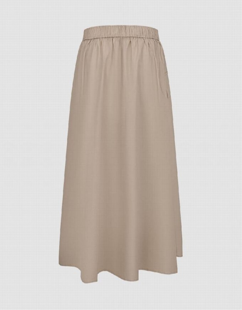 Khaki Urban Revivo Elastic Waist Midi A-Line Women's Skirts | 54693CMLJ