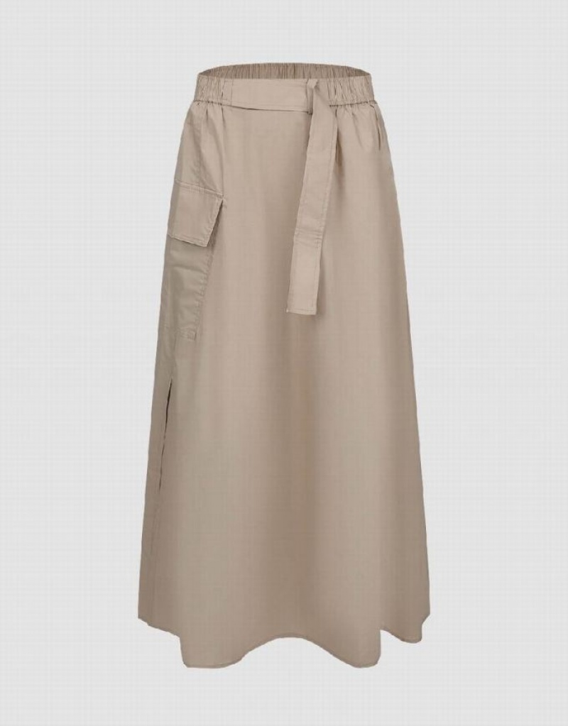 Khaki Urban Revivo Elastic Waist Midi A-Line Women\'s Skirts | 54693CMLJ