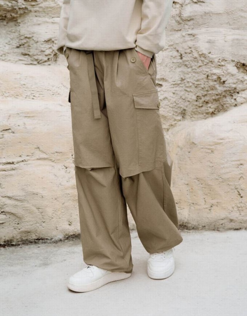 Khaki Urban Revivo Elastic Waist With Belt Men's Joggers | 63294FSRZ