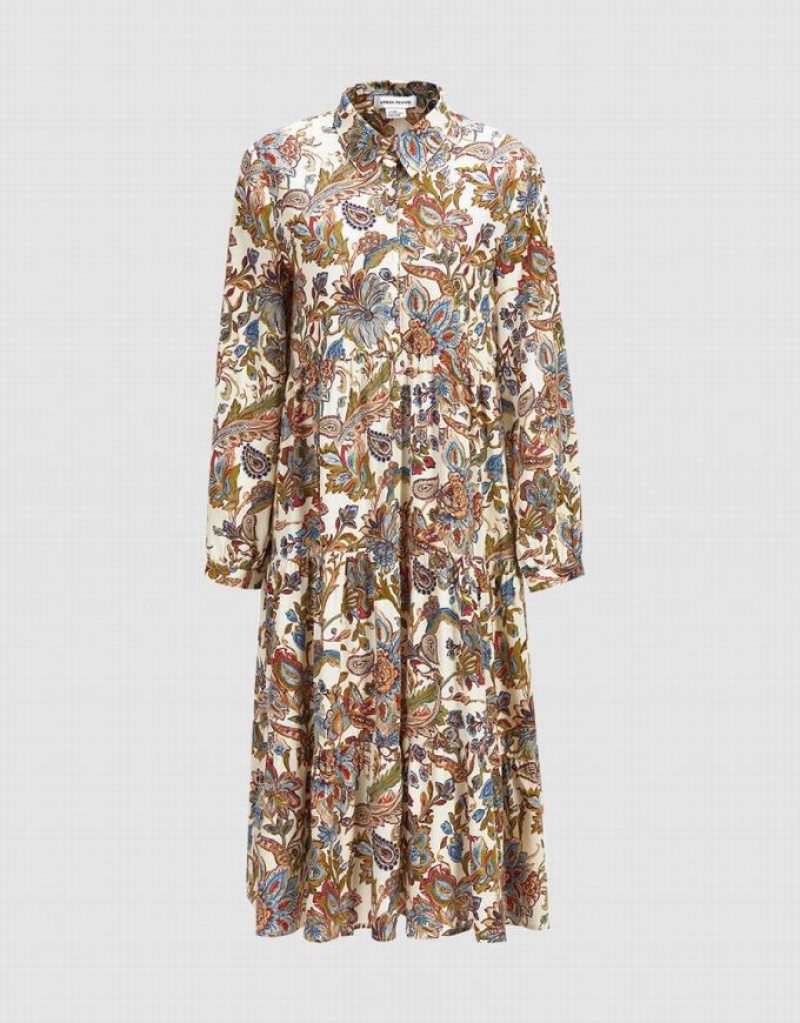 Khaki Urban Revivo Floral Print Half Button Women\'s Shirt Dress | 94368VIEB