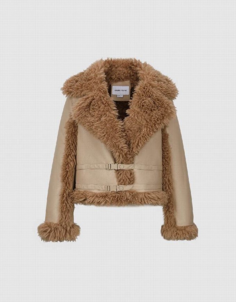 Khaki Urban Revivo Furry Straight Women's Jacket | 98743XYPD