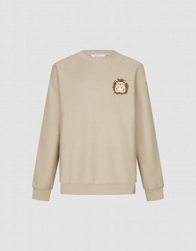 Khaki Urban Revivo Hedgehog Embroidered Crew Neck Men's Sweatshirts | 94273JVIM