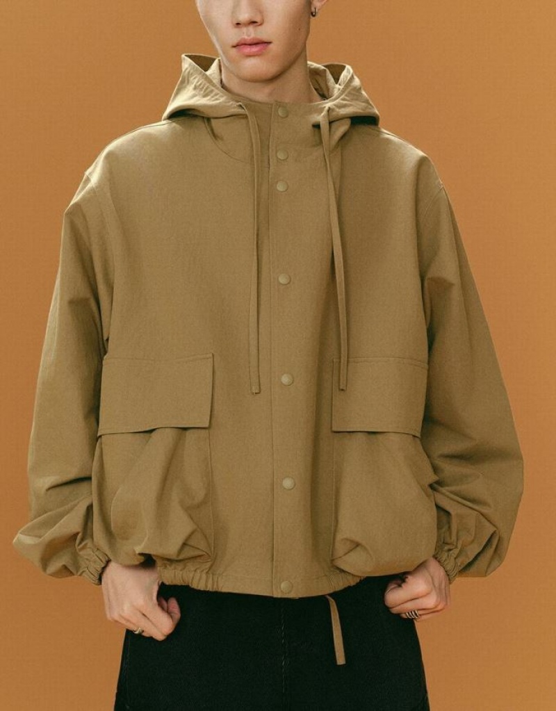 Khaki Urban Revivo Hooded Oversized Men's Jacket | 08943MSZO