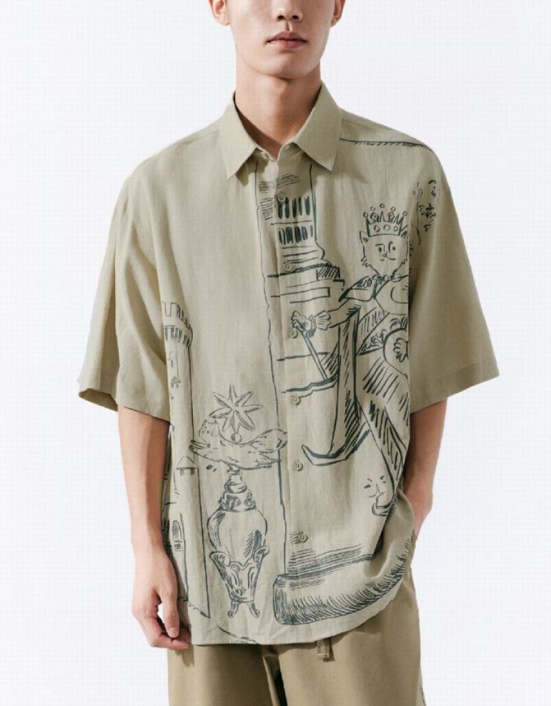 Khaki Urban Revivo Leisure Men's Shirts | 86572KSUM