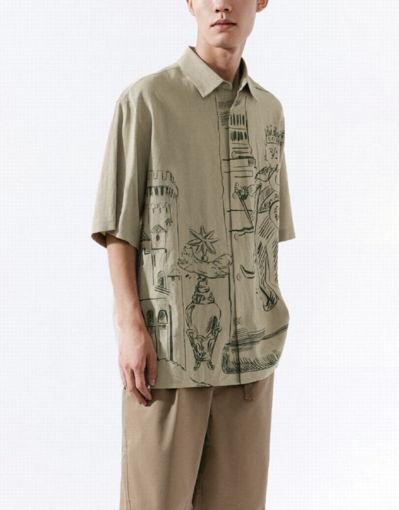 Khaki Urban Revivo Leisure Men's Shirts | 86572KSUM