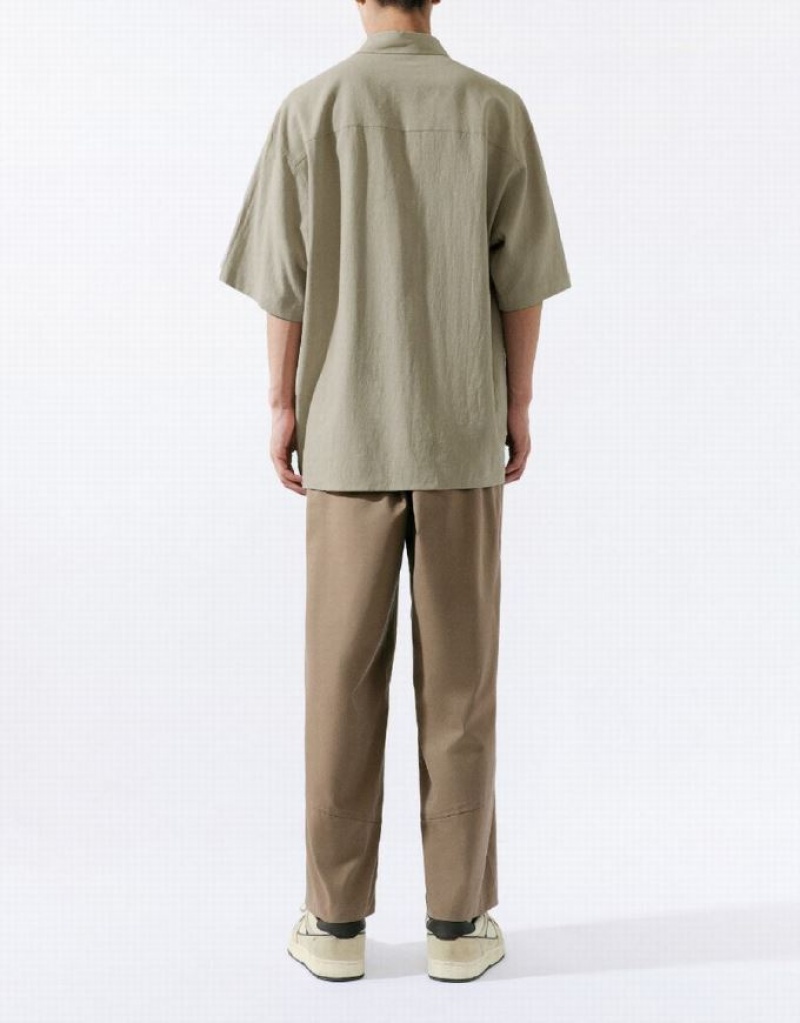 Khaki Urban Revivo Leisure Men's Shirts | 86572KSUM