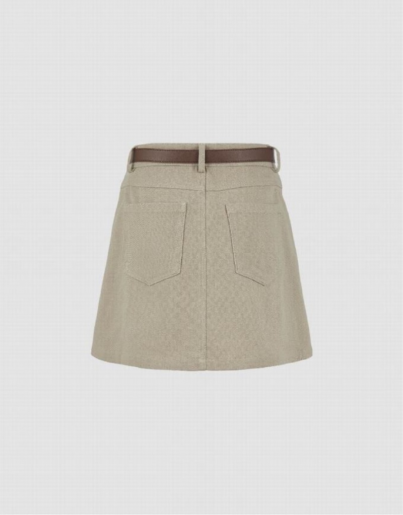 Khaki Urban Revivo Mini A-Line With Belt Women's Denim Skirt | 13249BFMU