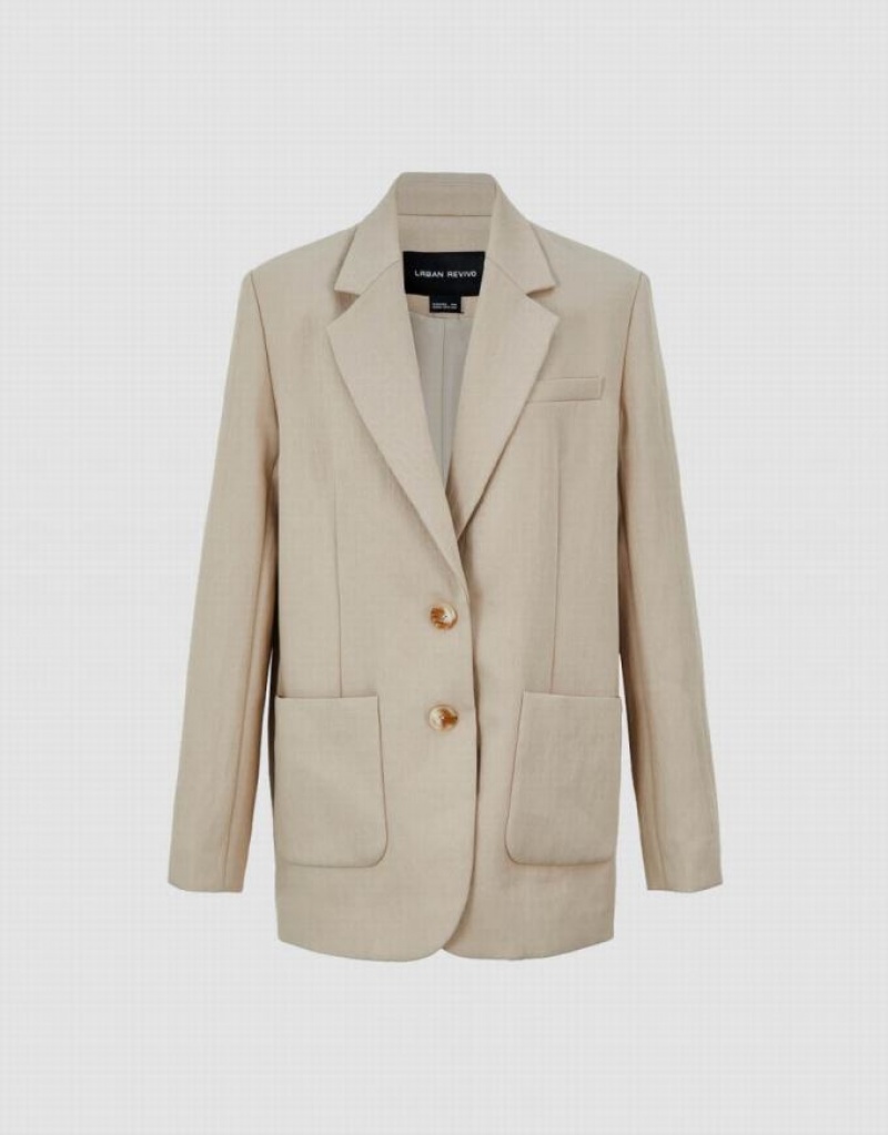 Khaki Urban Revivo Notch Lapel Tailored Women's Blazers | 34120OJUB