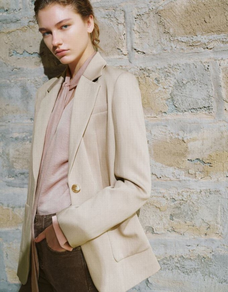 Khaki Urban Revivo Notch Lapel Tailored Women's Blazers | 34120OJUB