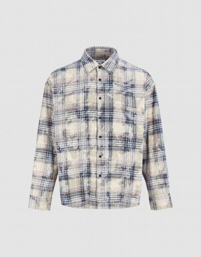 Khaki Urban Revivo Plaid Oversized Men's Shirts | 47912NEMP