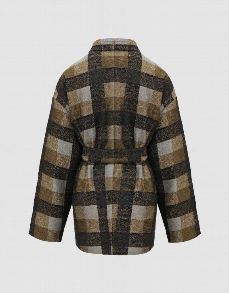 Khaki Urban Revivo Plaid With Belt Women's Down Jackets | 05942DAGP