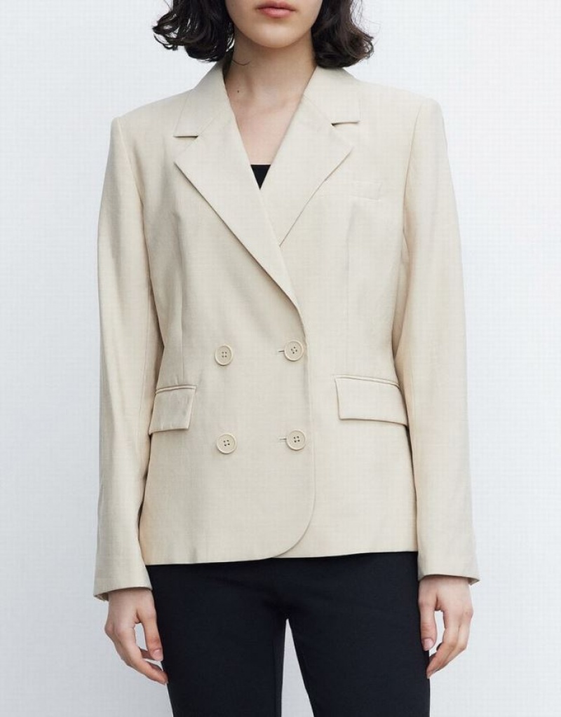 Khaki Urban Revivo Plain Double Breasted Women's Blazers | 16935ARQE