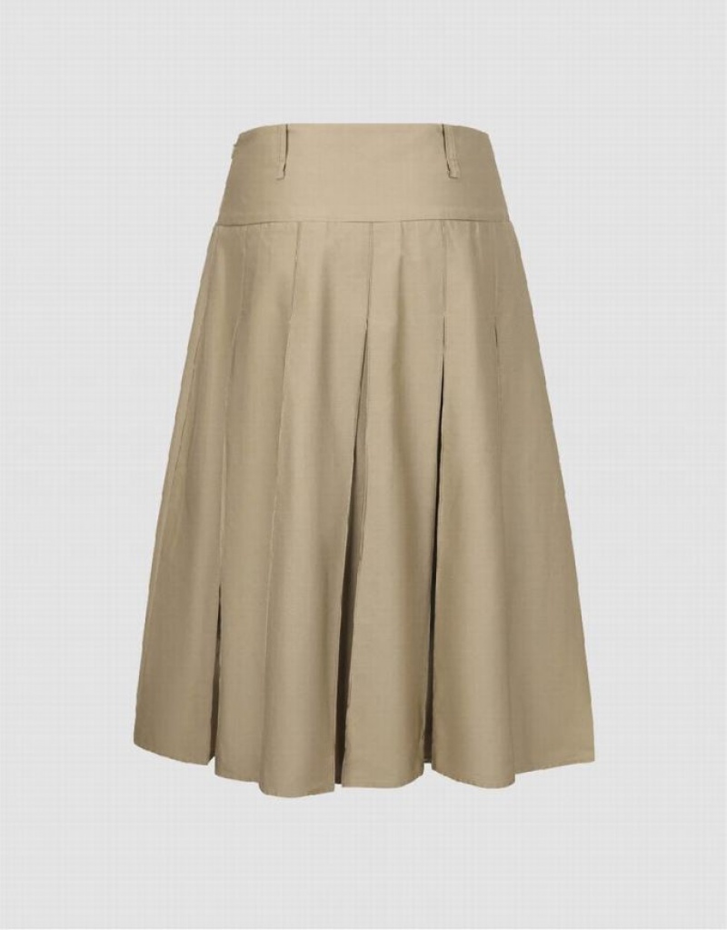 Khaki Urban Revivo Pleated Midi A-Line Women's Skirts | 50134NHFD