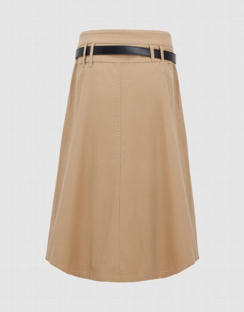 Khaki Urban Revivo Pleated Midi A-Line Women's Skirts | 58497NUYS