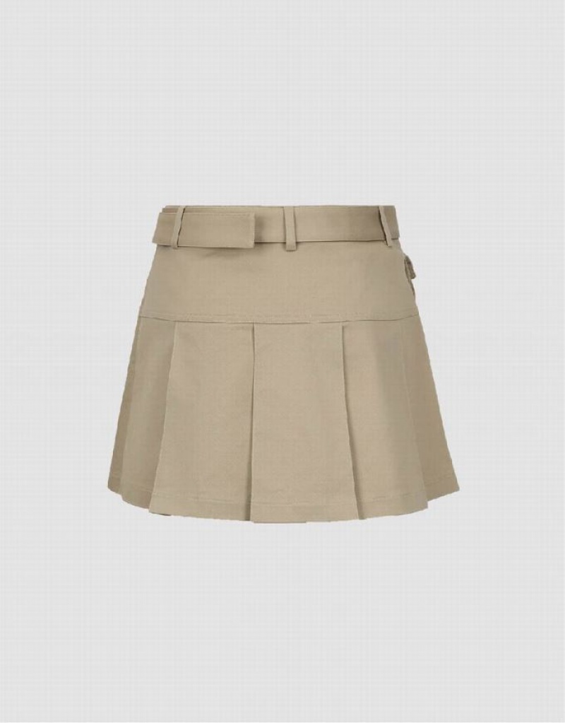 Khaki Urban Revivo Pleated Mini A-Line With Belt Women's Skirts | 42738RFMT