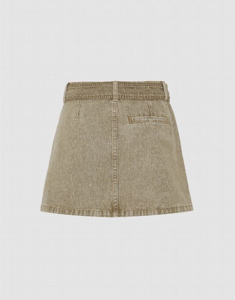 Khaki Urban Revivo Pleated Mini A-Line Women's Denim Skirt | 64395FIVA