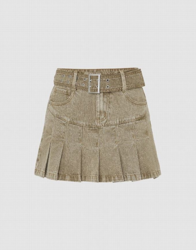 Khaki Urban Revivo Pleated Mini A-Line Women\'s Denim Skirt | 64395FIVA