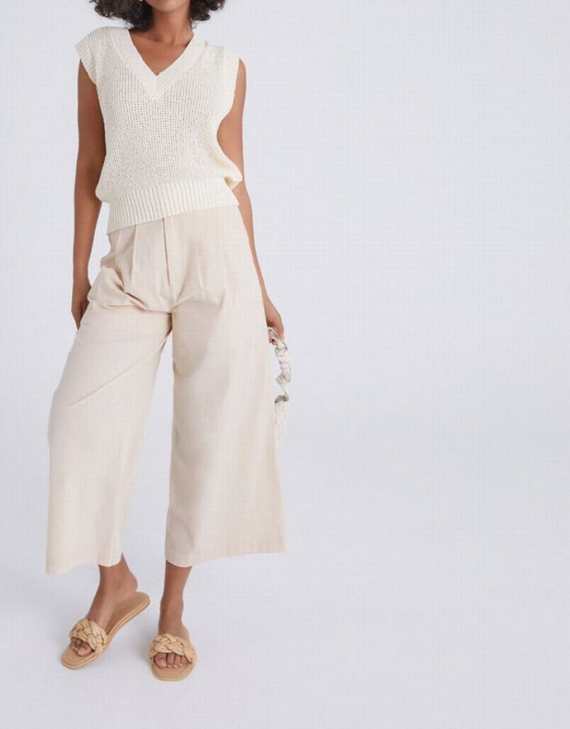 Khaki Urban Revivo Pleated Wide Leg Cropped Women's Pants | 18906ONJD