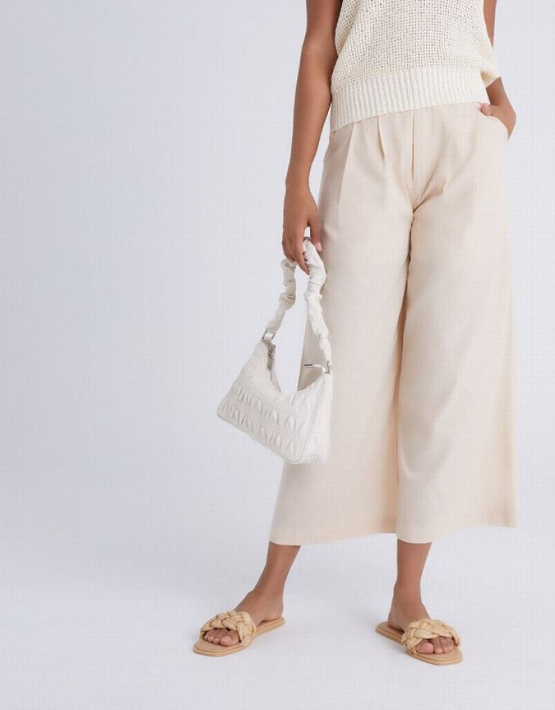 Khaki Urban Revivo Pleated Wide Leg Cropped Women's Pants | 18906ONJD