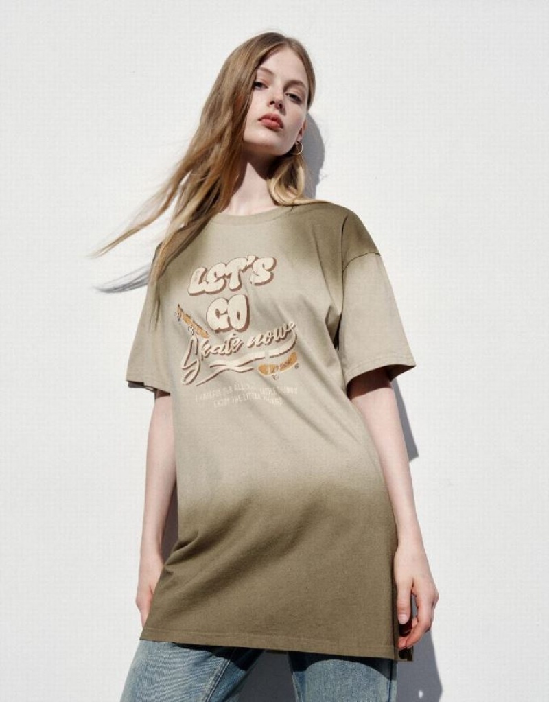 Khaki Urban Revivo Printed Crew Neck Straight Women's Dress | 74619YFQH