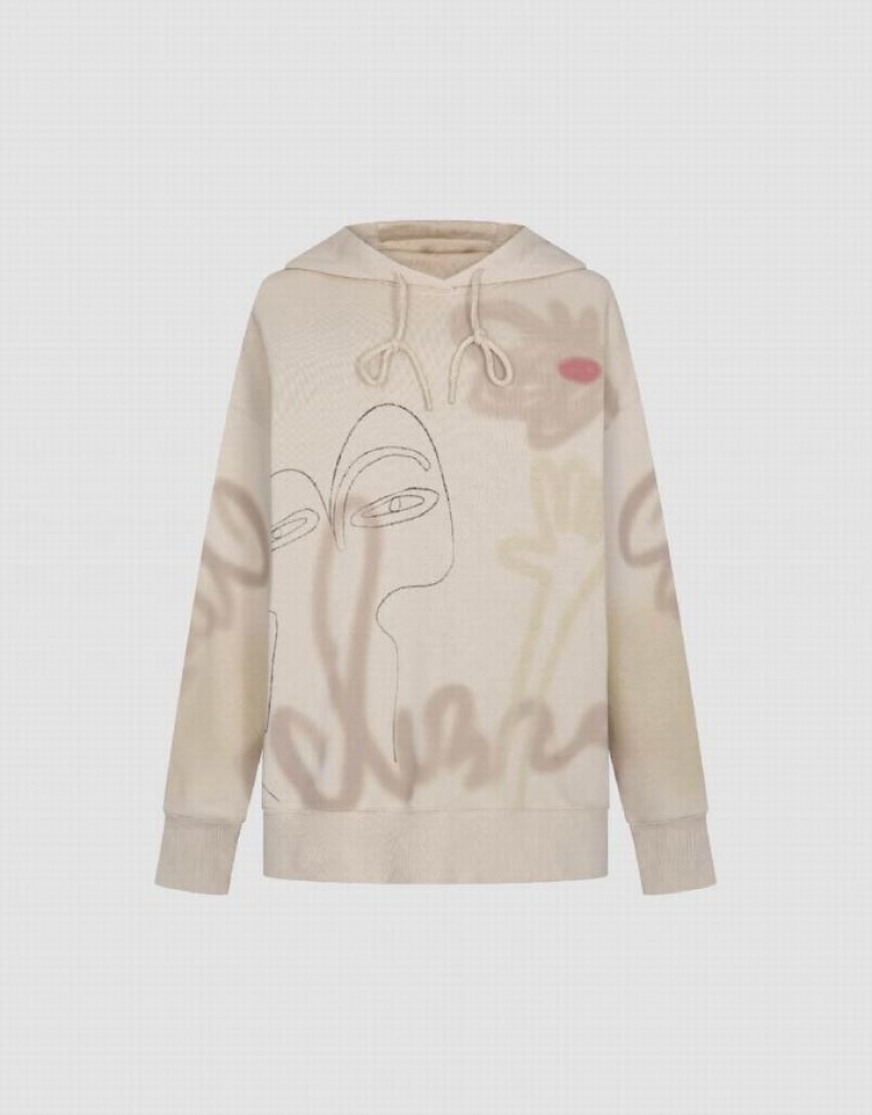 Khaki Urban Revivo Printed Loose Women's Hoodie | 09457ZFKJ