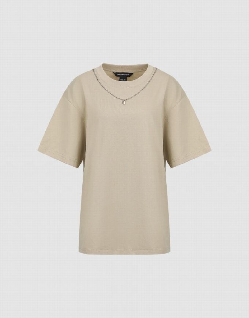 Khaki Urban Revivo Regular With Necklace Women's T-Shirts | 45187HQKL