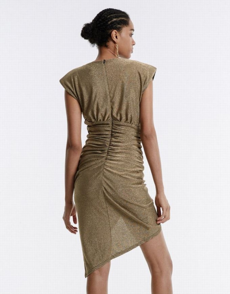 Khaki Urban Revivo Ruched Glitter Women's Short Dress | 32175XMNC