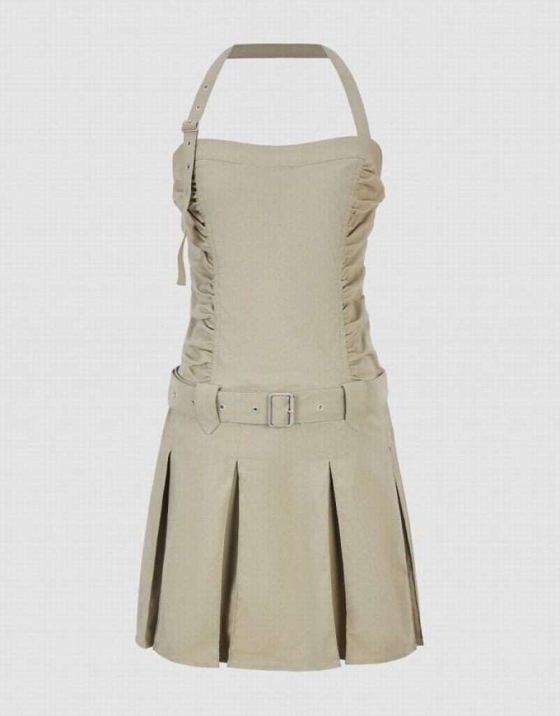 Khaki Urban Revivo Sleeveless A-Line With Belt Women's Dress | 03582OYRW