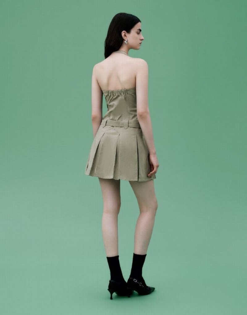 Khaki Urban Revivo Sleeveless A-Line With Belt Women's Dress | 03582OYRW