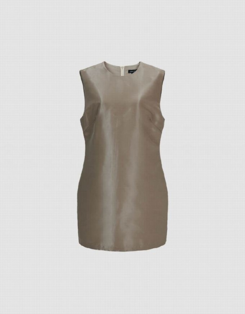 Khaki Urban Revivo Sleeveless Crew Neck Straight Women's Dress | 12764MEUI