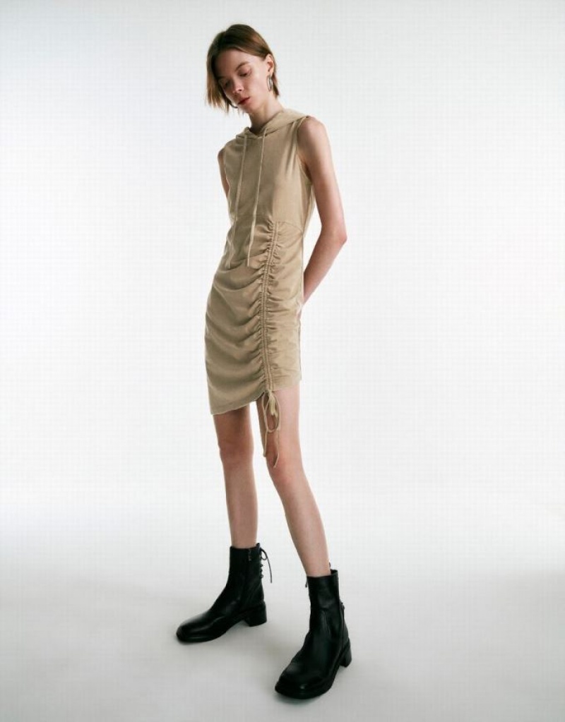 Khaki Urban Revivo Sleeveless Hooded Skater Women's Short Dress | 67312BOLS